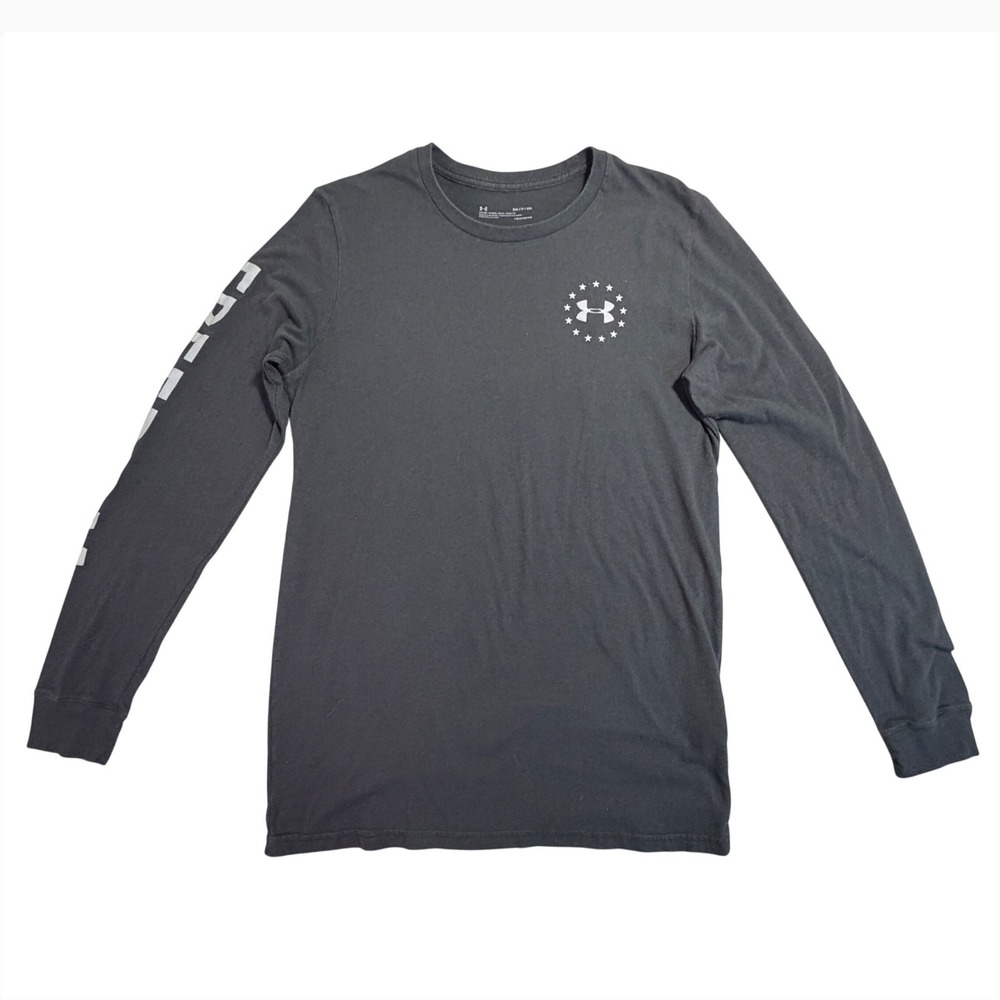 Under Armour Freedom‎ Mens Small Gray Long Sleeve T-Shirt HeatGear Flag Graphic